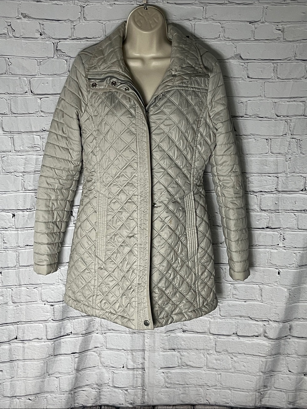 Andrew Marc Light Gray Quilted Longline Puffer Coat